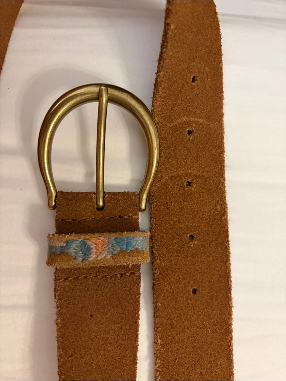 Lucky Brand Embroidered Suede Brown Women’s Belt with Brass Buckle
